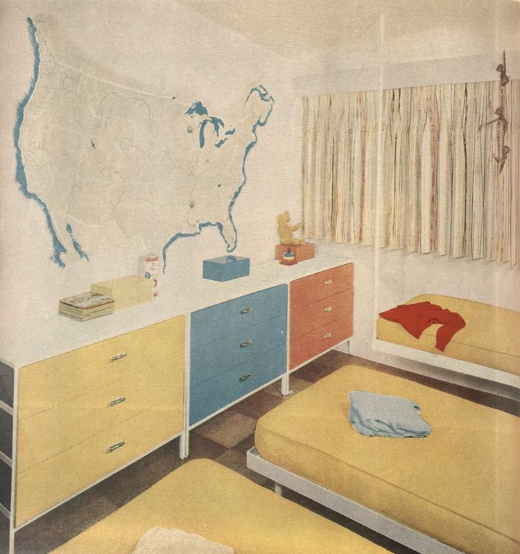 Detail from a page from McCall's Magazine showing a bedroom for three boys with three beds with yellow mattresses, a three-part cabinet with red, yellow, and blue drawer faces, and a full wall graphic showing a map of the United States outlined in blue