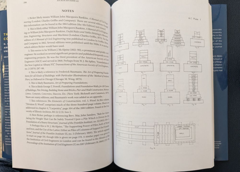 Page spread from The Elements of Construction showing Ricker's diagrams for foundations