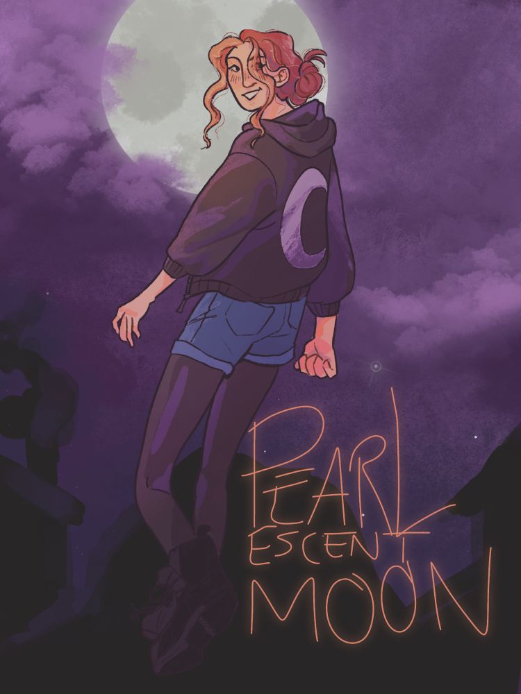 full body colored art of pearlescentmoon from hermitcraft, depicted in her default skin and colored in purple lighting. the background features a starry sky and a bright moon and glowing neon lettering “pearlescentmoon”