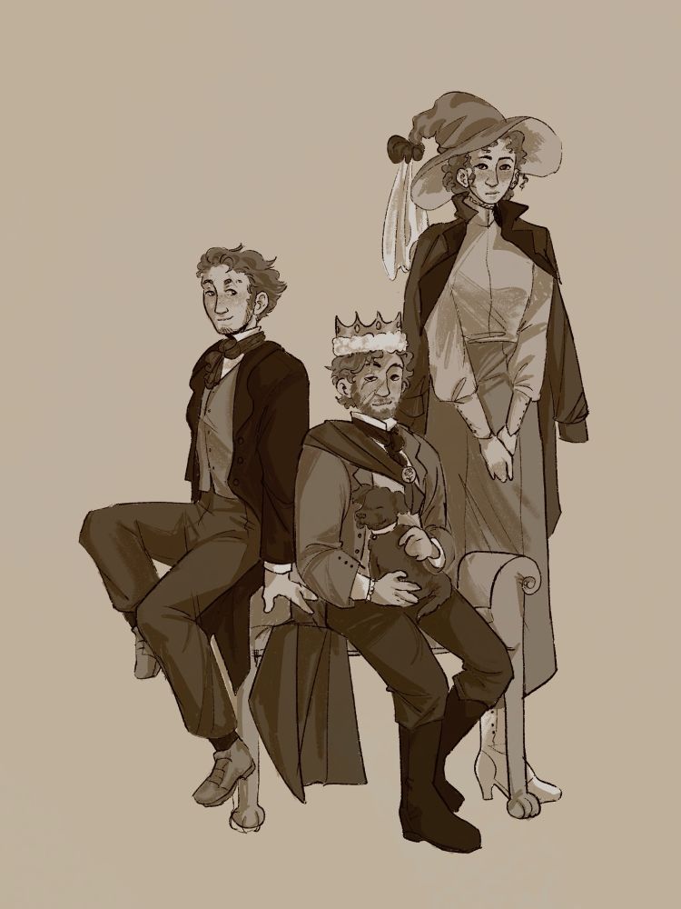 a digital art piece in fully shaded sepia tones of fwhip, sausage, and geminitay’s empires season on characters. they are all dressed in historical edwardian-inspired clothing and looking towards the camera as if taking a photograph together. bubbles is on sausage’s lap.