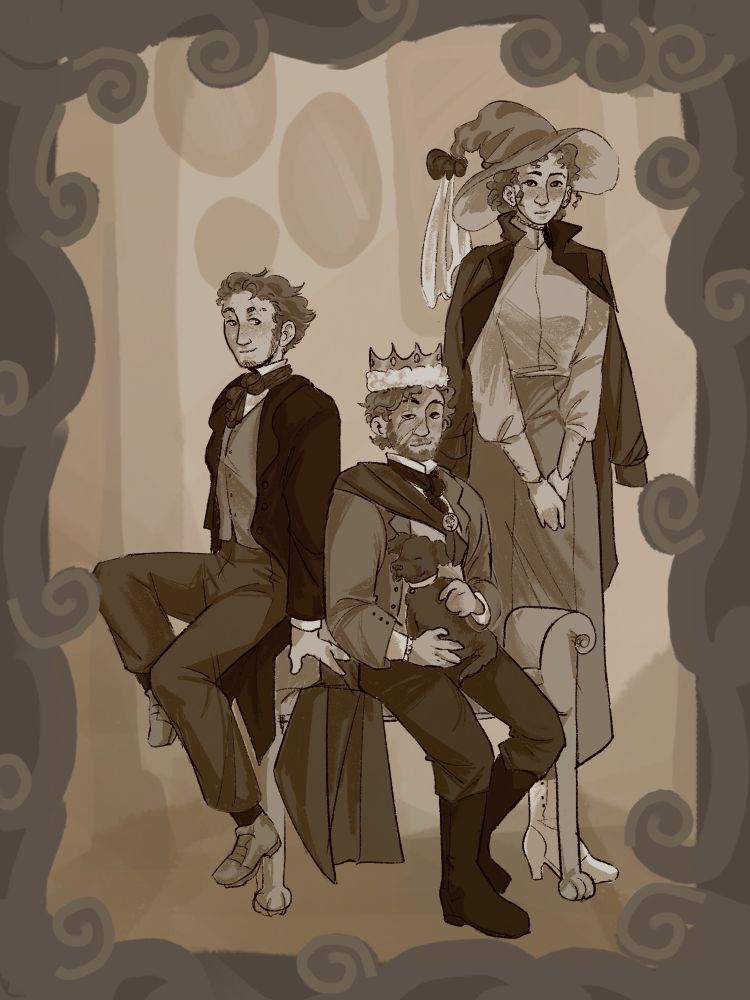 the same as the previous image, but with a loosely painted interior background and a filigree frame
