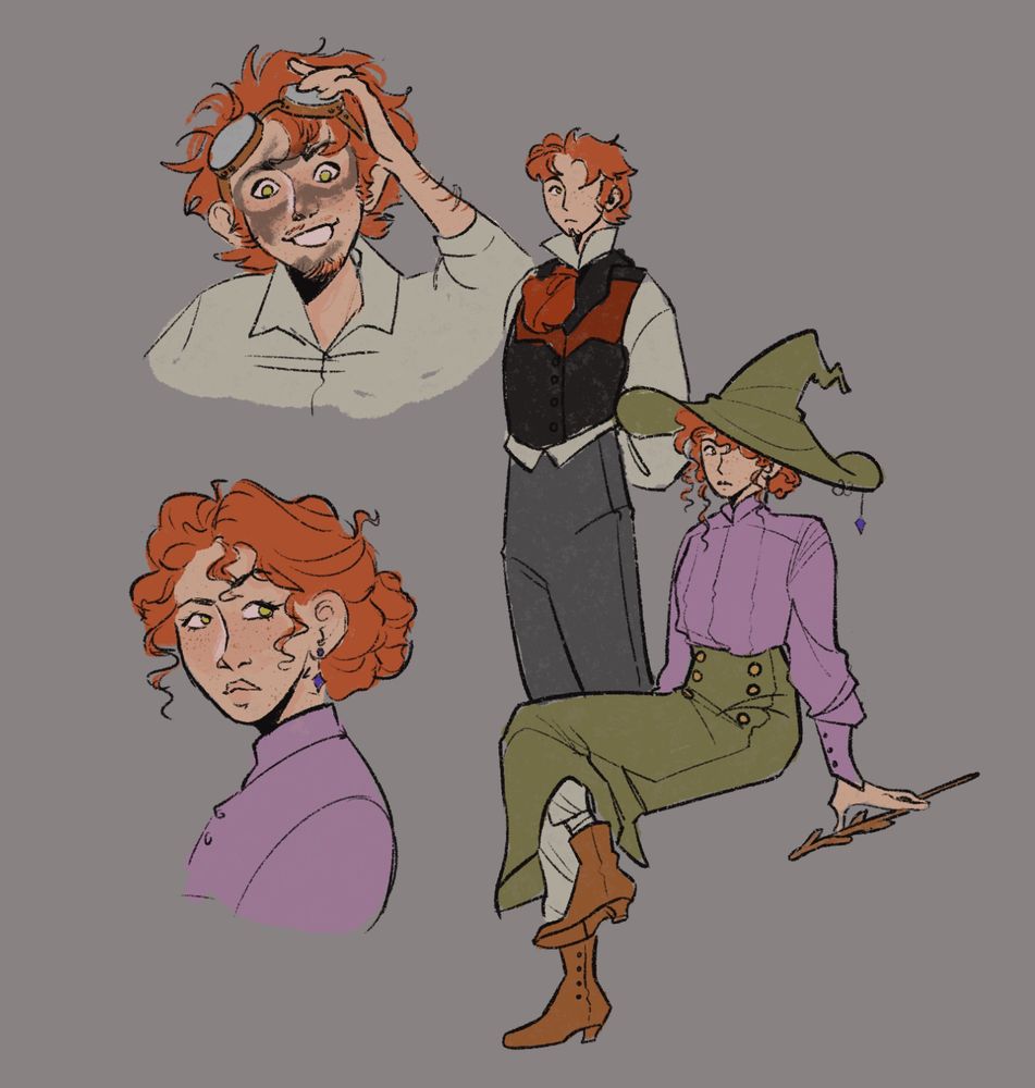 colored sketches of fwhip and gem from empires season one. both are dressed in historical-inspired fashion; fwhip wears a monochrome and red dress shirt, vest, and trousers, while gem wears a high-neck purple blouse and green buttoned skirt, as well as a wizard’s hat. smaller sketches also show gem without her hat and looking vaguely judgmental, and fwhip with goggles, soot on his face, and a wild grin.