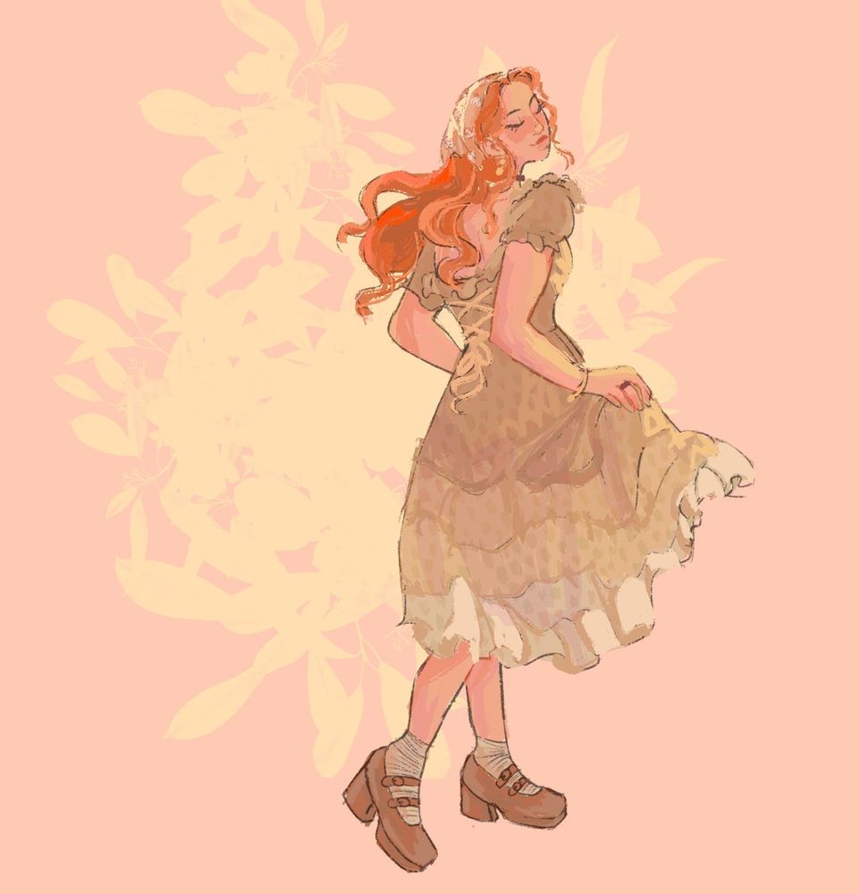 fully colored art of youtuber shelby shubble in a vintage-inspired tan tiered dress, brown shoes, and a sheer bandanna. their hair is orange and long, flowing behind her as they spin.