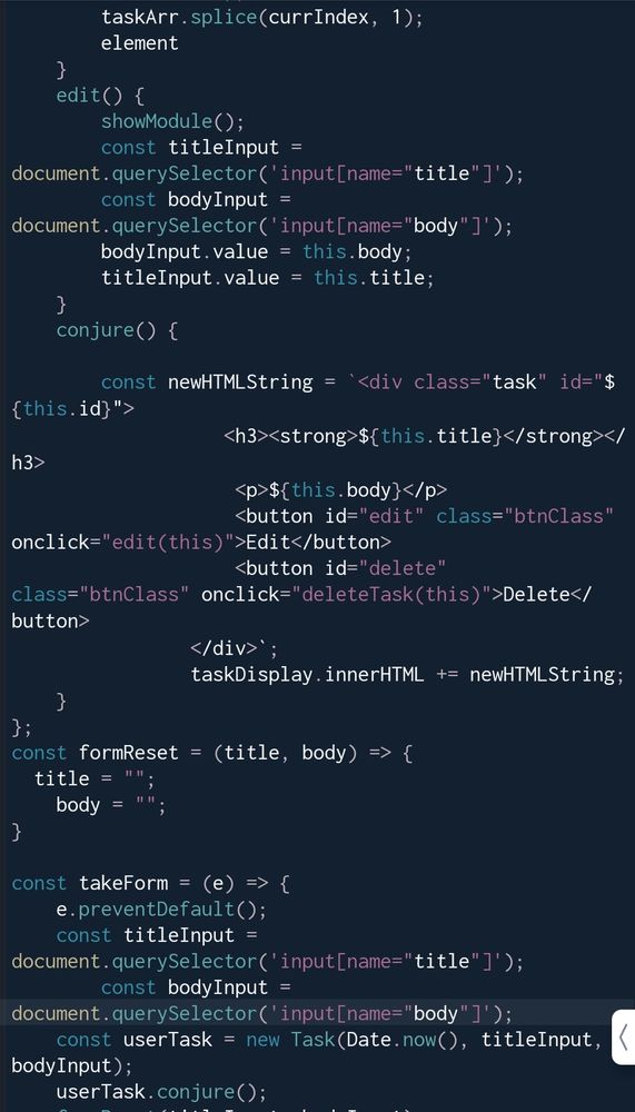 A page full of code for a todo app. The code follows cool color patterns as well.