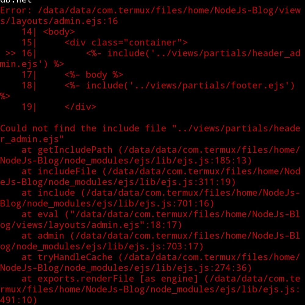 NodeJS error console, black computer background with red wording.