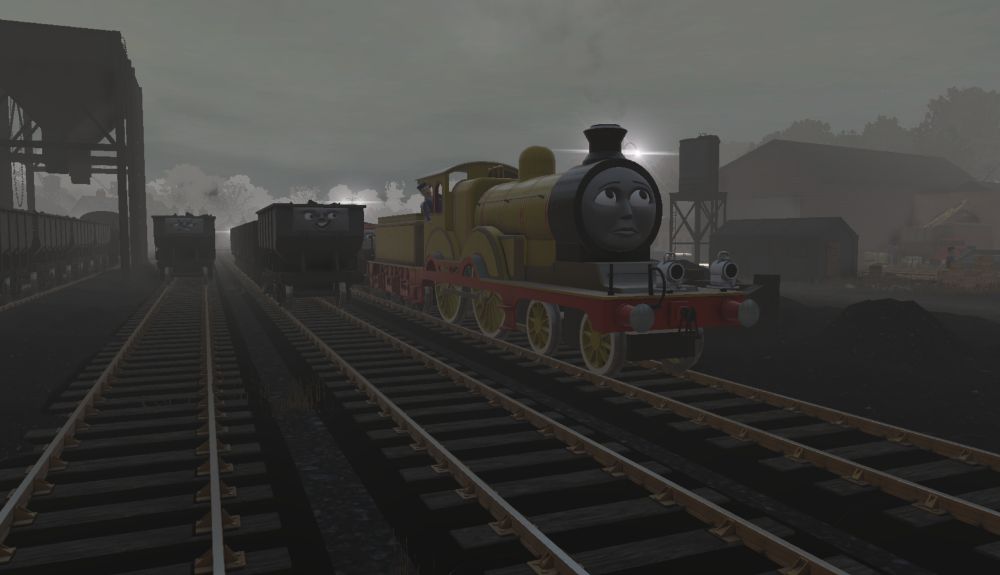 Molly the Yellow Engine puffs slowly through the Coal Yard, looking anxiously at the sky. It is dark, overcast and raining.
