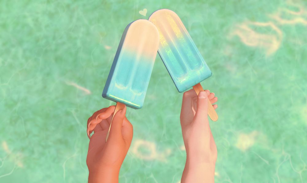 suri and graha's hands holding two matching popsicles. they're making them kiss or something. 