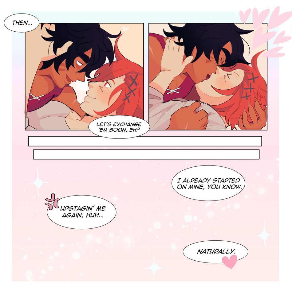 Suri hovers over G'raha and says, "Then... Let's exchange them soon, eh?" before leaning into kiss him. G'raha replies that he's already started on his, to which Suri says, "Upstaging me again, huh...". G'raha simply says, "Naturally." 