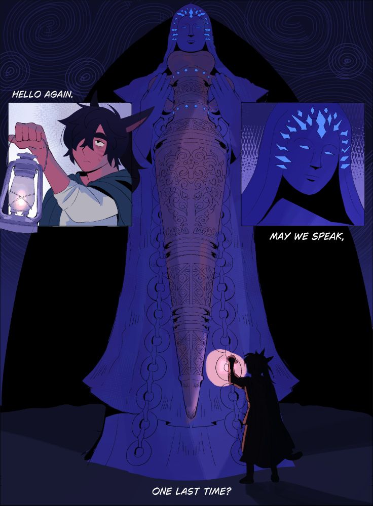 a young suri swiftclaw stands before the statue of Nald, in Nald's Reflection. 
The text reads:
Hello again.
May we speak,
one last time?"