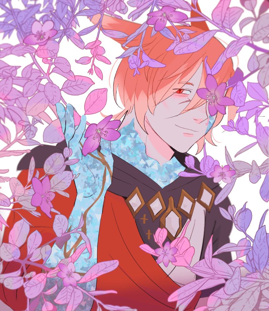 art of the exarch enveloped by purple leafy branches of lakeland. he smiles at the viewer.