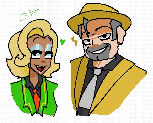 To the left of the picture is Daisy, a blond woman wearing a green suit, black undershirt and a red tie.

To the right of the picture is "Don Ten" (Diesel 10 if you don't know,) a  man with grey hair and grey stubble. He's wearing a yellow suit with a matching yellow fedora, a black polo shirt and a grey tie.