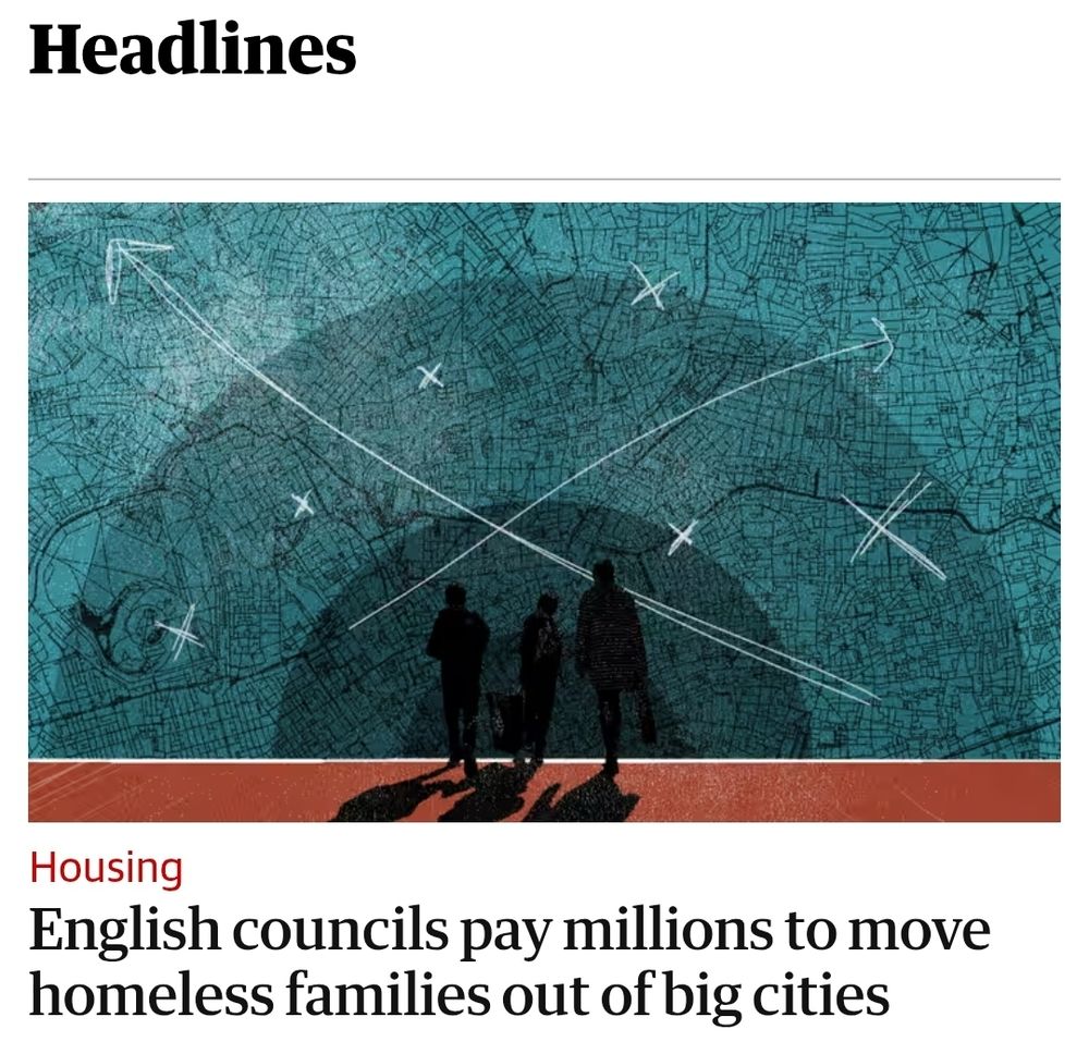 A headline from @theguardian.com with an abstract picture of shadowy figures silhouetted against a teal background and the text "English councils pay millions to move homeless familes out of big cities"