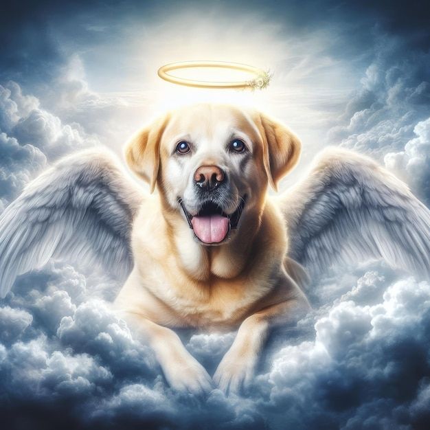 AI image of a golden retriever with wings and a halo sitting on a cloud.