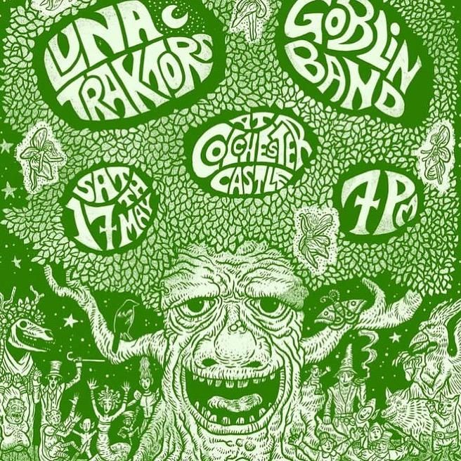 A psychedelic poster featuring a large tree with face