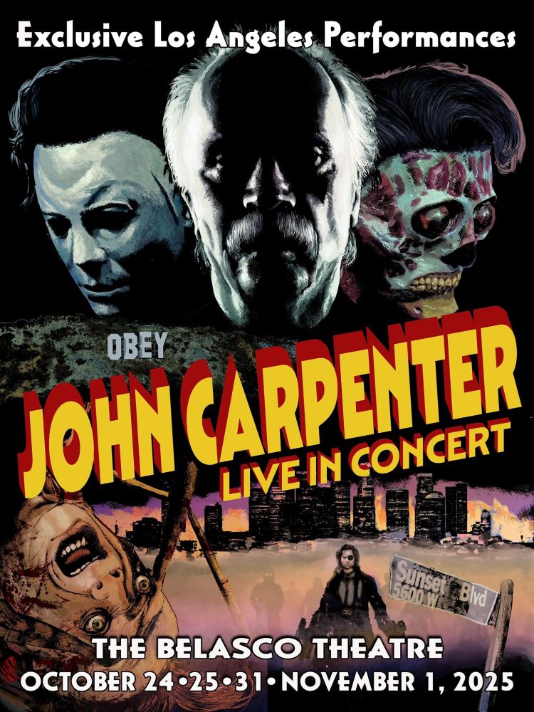John Carpenter surrounded by Michael Myers, They Live, The Thing and Escape From LA on concert poster