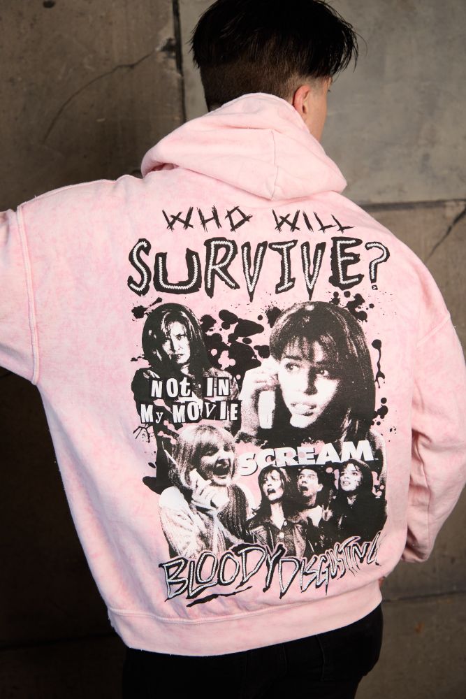 Pink hoodie featuring "Who will survive?" with Scream art and "Bloody Disgusting"