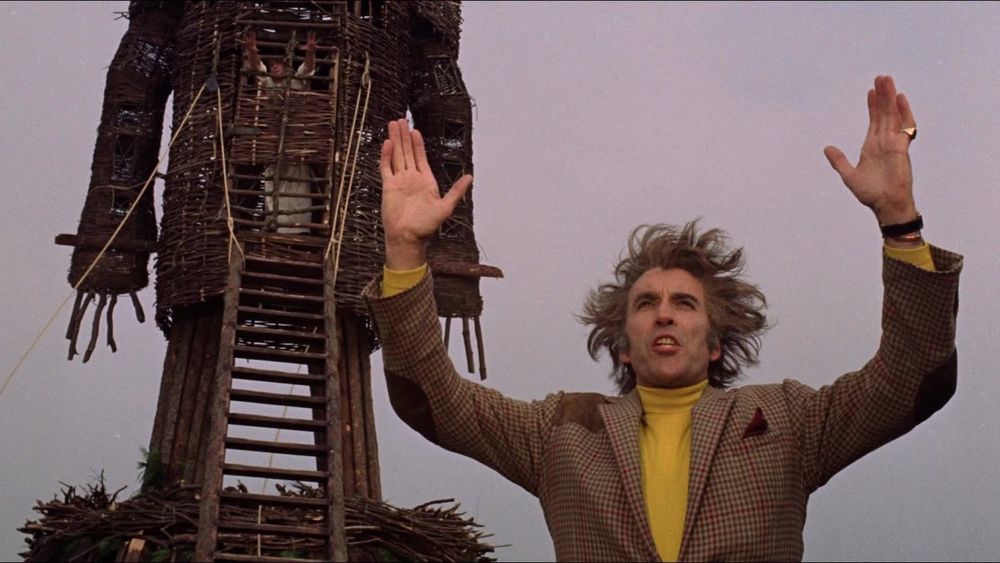 Lord Summerisle in front of the Wicker Man pyre in 1973's THE WICKER MAN