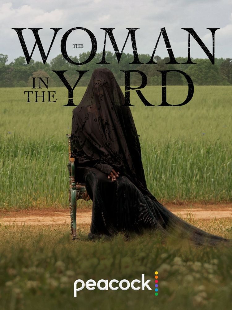Woman in the Yard poster of eerie shrouded woman sitting out in sunny lawn, with peacock logo at bottom
