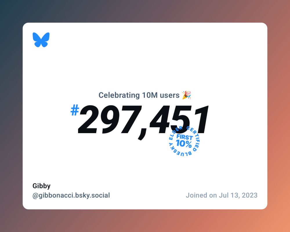 A virtual certificate with text "Celebrating 10M users on Bluesky, #297,451, Gibby ‪@gibbonacci.bsky.social‬, joined on Jul 13, 2023"