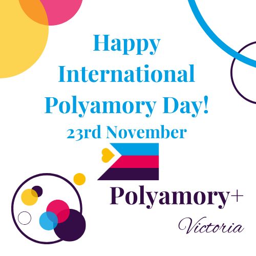 Image reads:
Happy International Polyamory Day! 
23rd November
Polyamory+ Victoria
White background featuring the Polyamory Flag, circles and parts of circles in the tricolour polyamory flag colours - dark purple, blue, magenta and yellow.