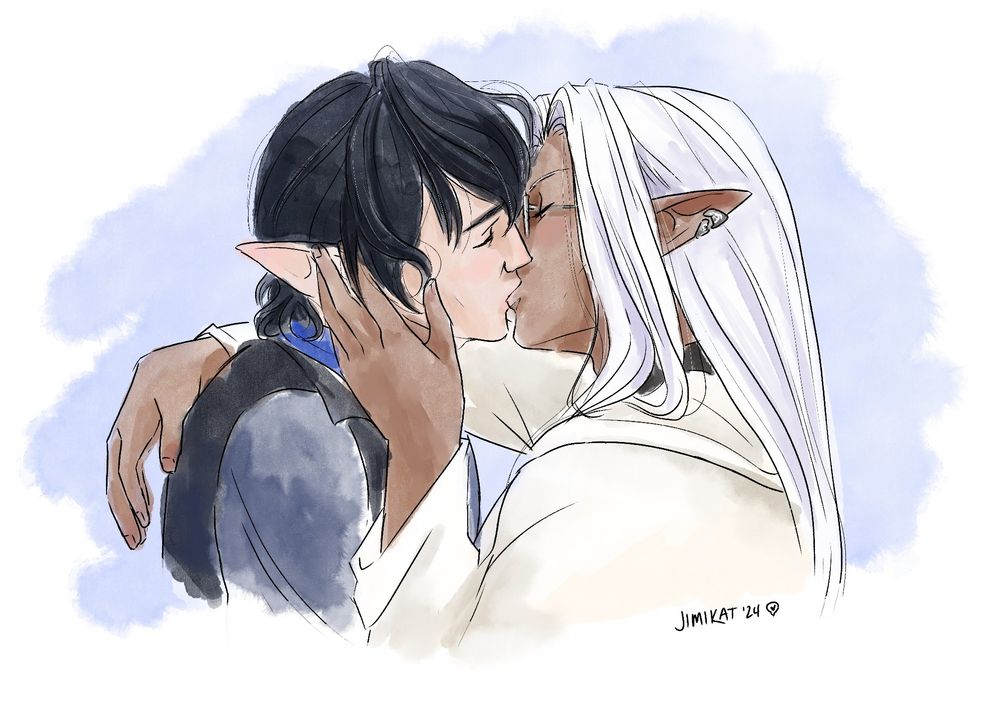Aymeric and Theophilain embrace and kiss tenderly. Theo's arm is draped across Aymeric's shoulder, his other hand tenderly caressing his cheek and ear. Theo's long hair falls down his back, draping gently atop his shoulders.