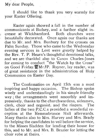 A section from the regular column written by the vicar in the May 1959 parish review. In it, he notes the fall in the number of communicants in the Badsey church.