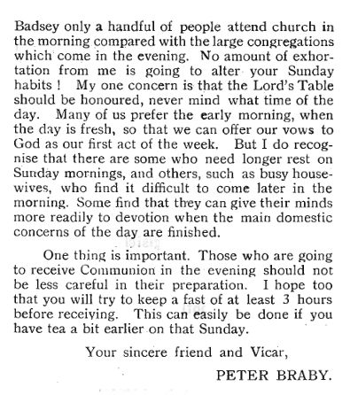 A section from the regular column written by the vicar in the May 1959 parish review. He begrudgingly notes that many people prefer an evening service to an early morning service, but asks that people fast for at least 3 hours before evening communion.
