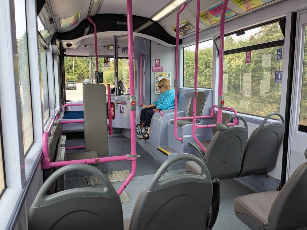 The inside of a bus. The poles are painted pink. A senior is sitting on one of the bucket seats up front; otherwise, the seats are empty. Out of the window can be seen a high hedge.