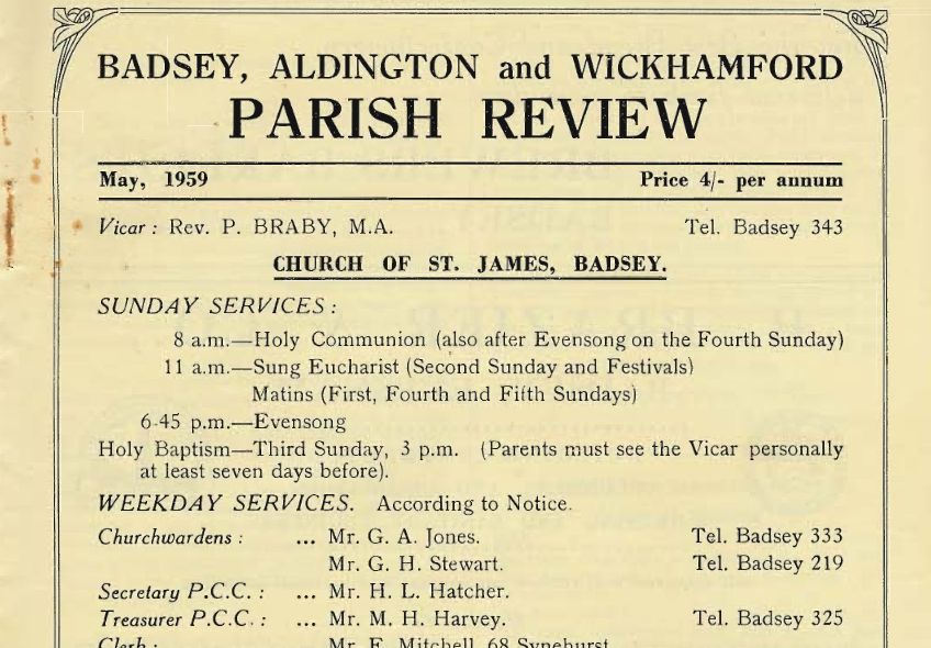 The front cover of the Badsey, Aldington and Wickhamford Parish Review from May 1959, price 4/- per annum.