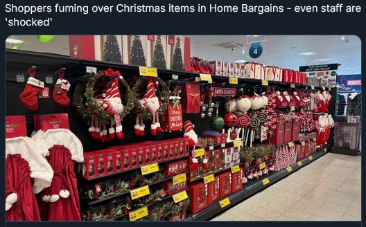 A screenshot of a post by a newspaper, showing the extensive display of Christmas and festive-themed goods and items in a branch of Home Bargains in Scotland. The wrap-around text is some unveriable click outrage.
