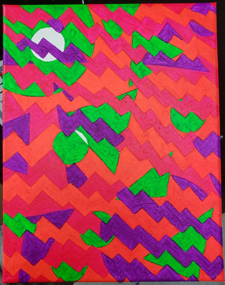 Orange and pink florescent "parallel" zigzag lines. in a layered sorta way, on the orange lines there are florescent green circles and triangles, and florescent purple on the pink lines. There are two places on the orange lines where green shapes overlap that aren't filled in yet but will be with orange, then everything will be outlined with black 