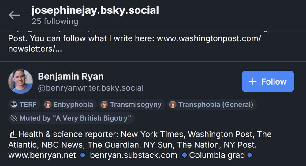 A second image showing she also follows Benjamin Ryan who is flagged for transphobia.