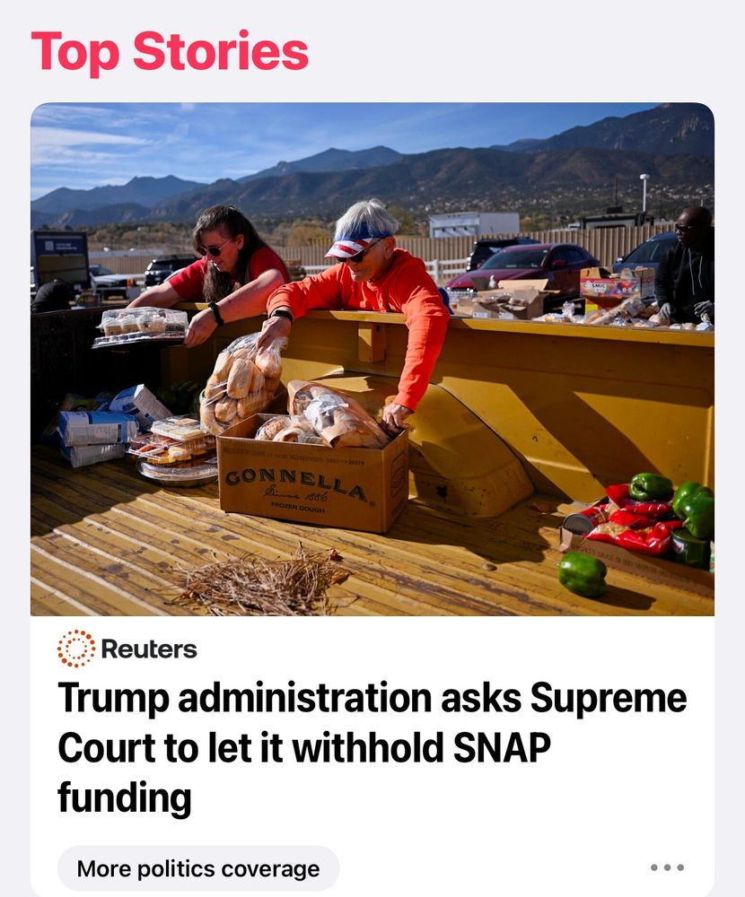 A Reuters headline saying “Trump Administration asks Supreme Court to let it withhold SNAP funding”