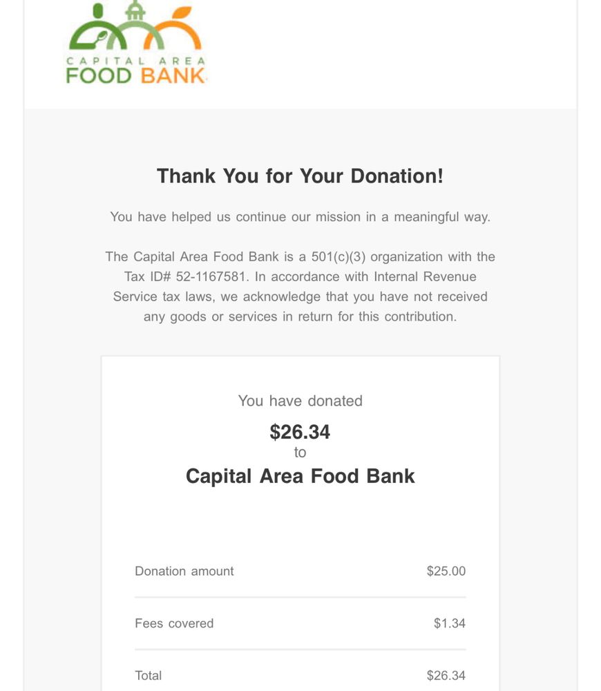 A donation receipt to Capital Area Food Bank