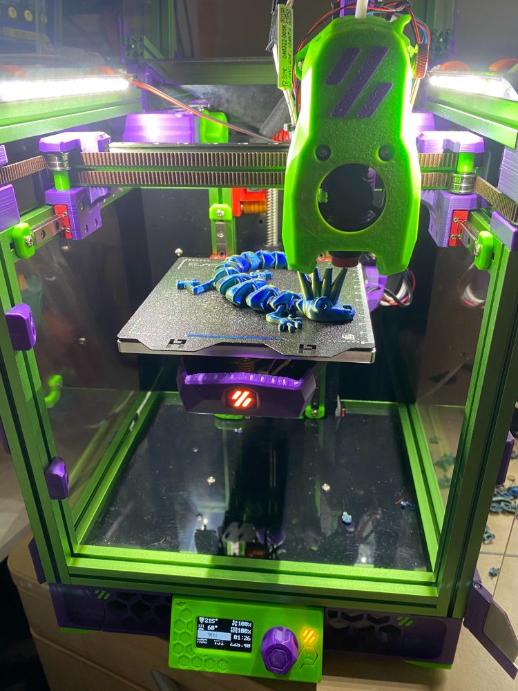 I built my first Voron printer. From the R0.2 kit from Siboor. I upgraded the AB motors to LDO steppers, and added light sticks and a Pi camera. Took 3 months to tune it, but since then it has run great. So fast to start up and get printing.