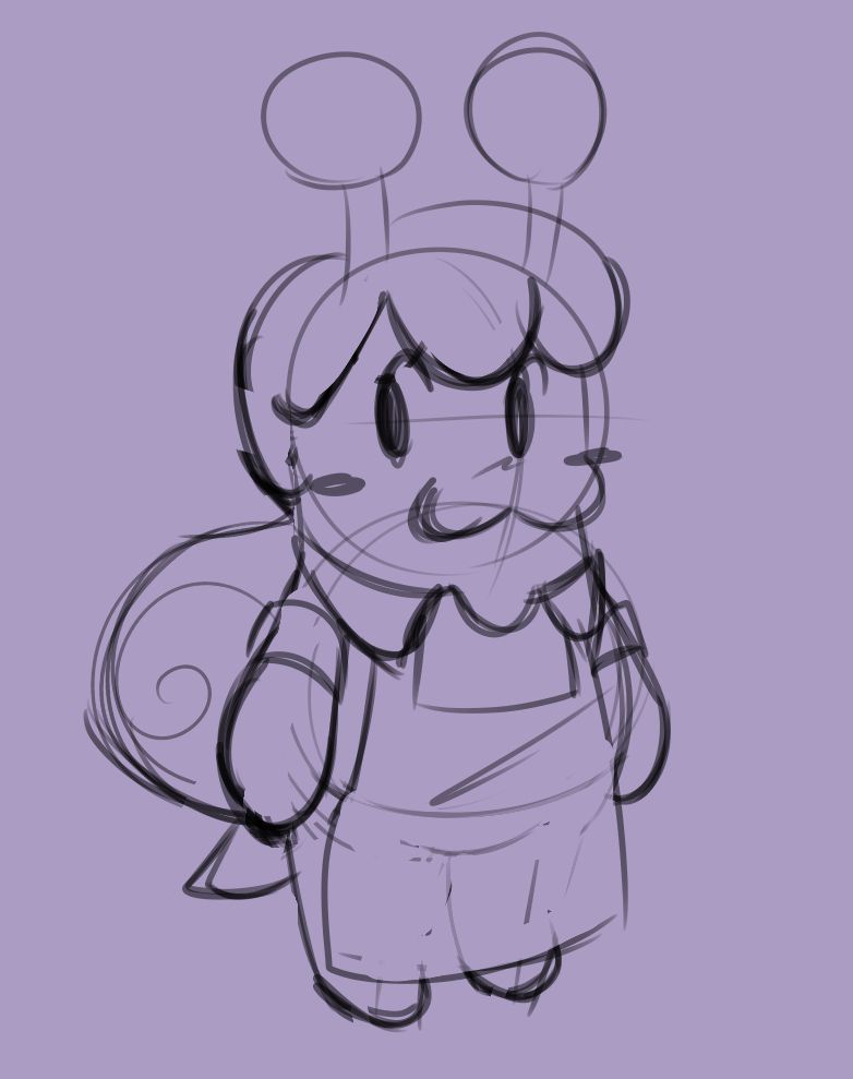 sketchy doodle of a snail girl wearing a shirt and an apron
she has short blobby hair