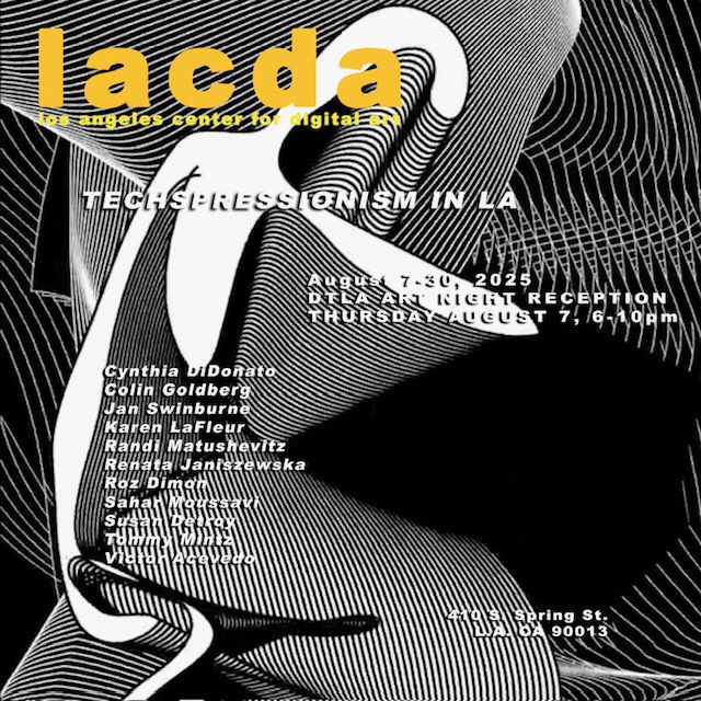 Black & white abstracted figure made of curved mesh lines with yellow and white text for the poster.