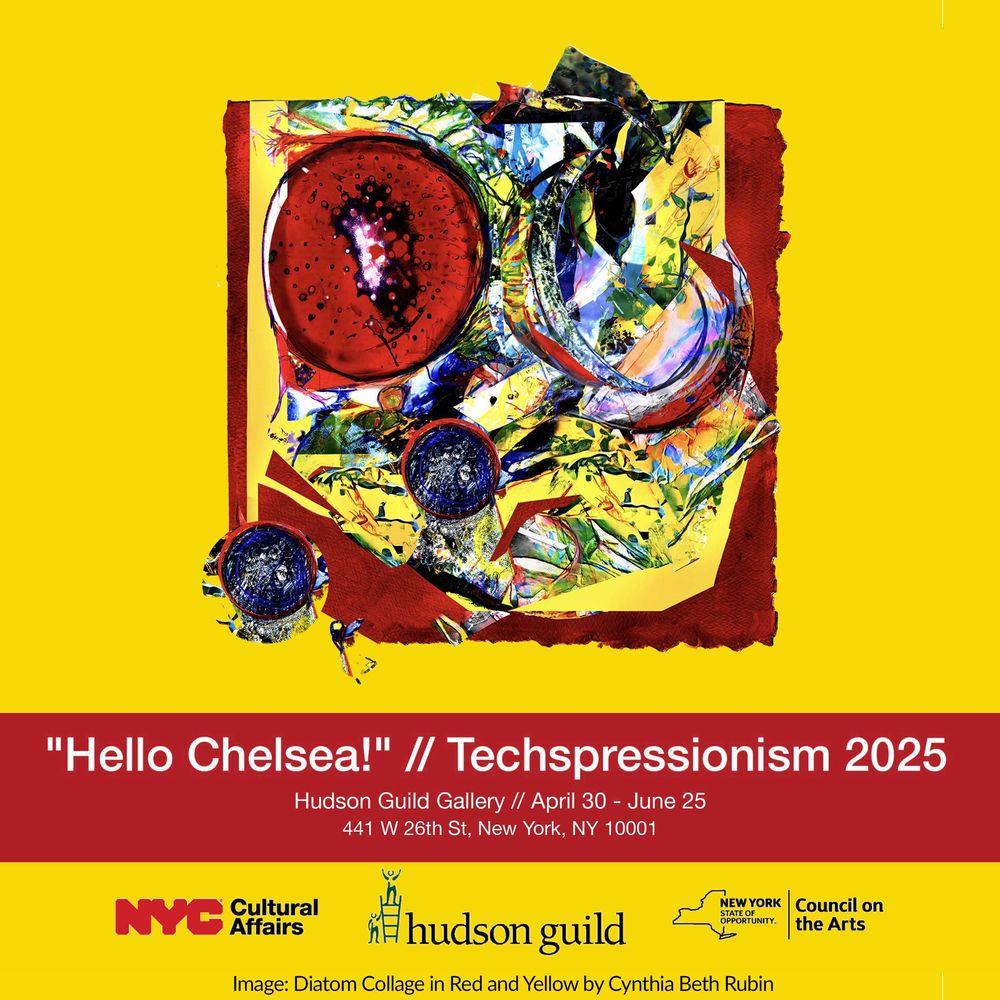 A bright yellow and red abstract image centred on a yellow background. The lower end has a red bar with white text that says Hello Chelsea! :/Techspressionism 2025 Hudson Guild Gallery// April 30- June 25