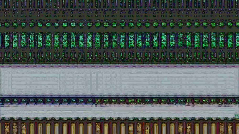 A glitched grid still from the video. With filigreed horizontal and vertical stripes. Greens and greys at the top reds and sandy colours at the bottom. wWde light grey horizontal textured stripe across the centre.