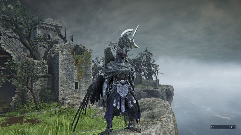 Angled to the side of front view of the alternate corvid skin for Guardian from Elden Ring: Nightreign.