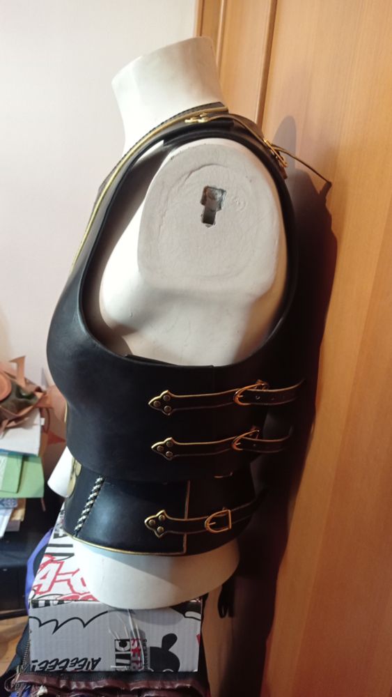 Total lateral pic, the volumes more visible as well as the straps at the sides, also decorated in a golden tooled border with golden rounded buckles and rivets