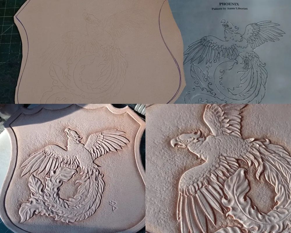 Collage of three pics of the first steps of the lid tooling. First, the piece of cowhide marked the shape with a pen, and beside it a piece of veg paper with the phoenix design printed (above it the words PHOENIX and Pattern by Annie Libertini on it). The second is the phoenix already carved, embossed, textured and undercut with natural light from the side. The third one is the carving from a closer view to the head and one of the wings
