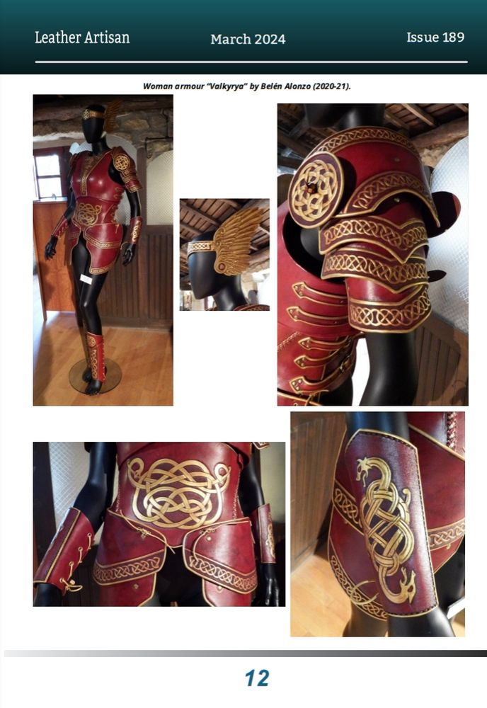 And the fourth page of the article has no text, only numerous pics of my valkyrie inspired leather armour in red and gold, first a whole view pic and then several of different details of each piece. It's the only page of the article with no text and a single piece in display! ª