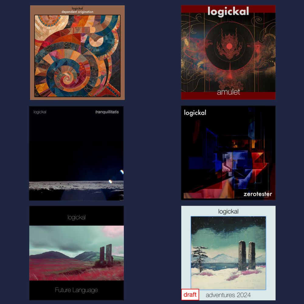 The image presents a collection of six album covers, each with its own unique design and color scheme. The albums are arranged in two rows of three, titled starting from the top left: "Dependent Origination", "Amulet", "Tranquilitatis", "zerotester", "Future Language" and "Adventures 2024" 