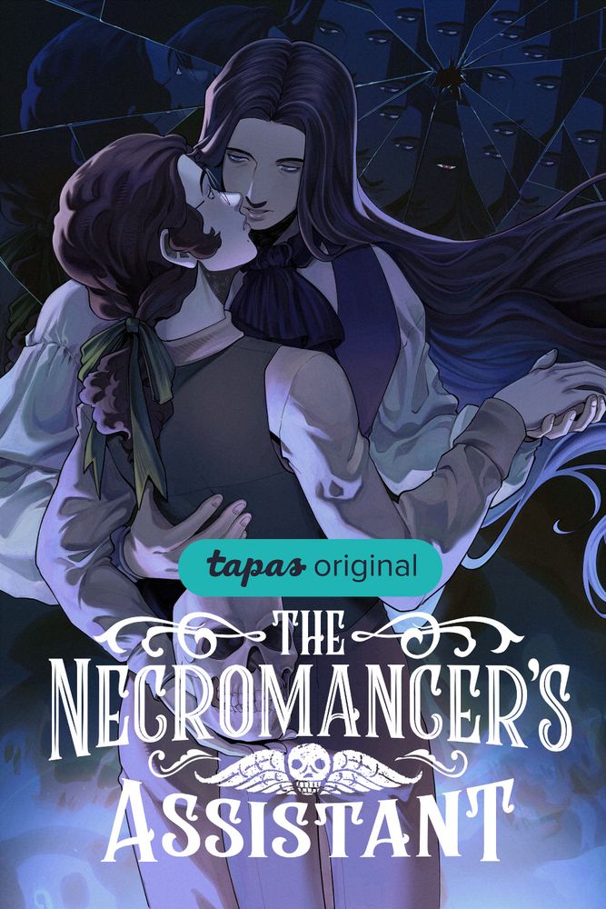Cover art for a webcomic, titled "The Necromancer's Assistant." Two men are standing in an embrace - the shorter man, who has round glasses and curly brown hair tied with a green ribbon, is holding a skull behind his back, while the taller man, who has long flowing black hair with a silver streak, has his hand supporting the other's waist. Behind them is a shattered mirror effect projecting the taller man's face, with one reflection having a darker and more ominous appearance.