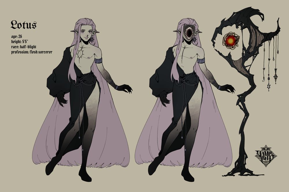 A character reference sheet. The character is short, green-grey skinned male with long lavendar hair that reaches his ankles. His hands and feet end in a black gradient. He is wearing a loose black robe that has one sleeve and leaves half of his chest exposed. His chest has a tattoo that resembles a vertical eye. An alternate version of the same fullbody has his face replaced by one large black eye. To the side is a gnarled black staff made of sinew, with various trinkets tied to its end.

His profile text reads:

Lotus
Age: 26
Height: 5'5"
Race: half-blight
Profession: flesh sorcerer