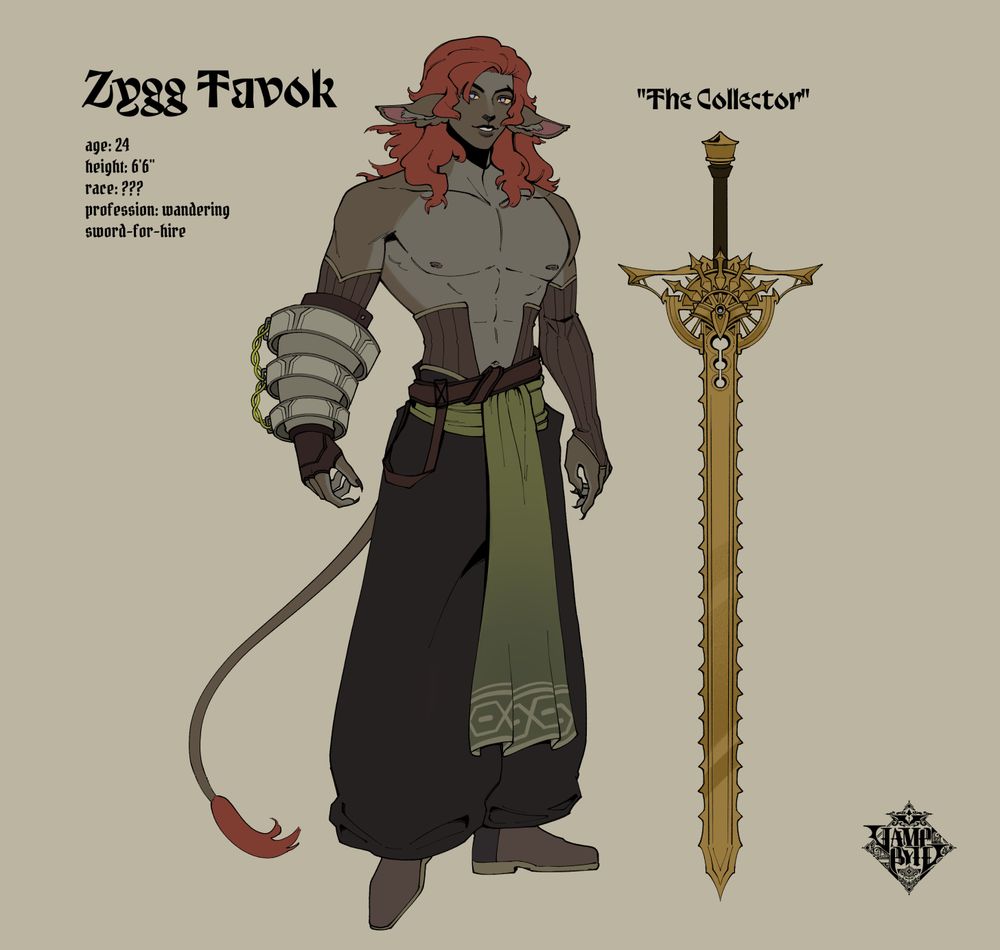 A character reference sheet. The character is a muscular, animal-eared man with shaggy red hair, pale blue eyes, and dark grey skin with lighter patches on his chest and forehead. He is shirtless. He has a large segmented cuff gauntlet on one wrist. He is wearing black puffy pants tied at the waist with a green sash. To the right is his weapon, a spiney golden sword called "The Collector"

His profile text reads:

Zygg Tavok
Age: 24
Height: 5'8"
Race: ???
Profession: wandering sword-for-hire