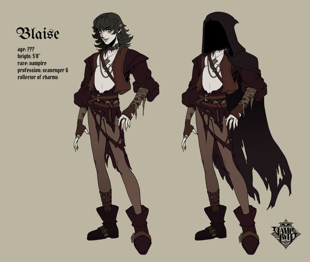 A character reference sheet. The character is a skinny male vampire with white skin, red eyes, and shaggy shoulder-length black hair. His outfit is a torn up brown leather vest and lighter brown tights. He has dull gold jewelry around his neck. A second variant of the design features a torn up cloak and hood, which fully obscures his face.

His profile text reads:

Blaise
Age: ???
Height: 5'8"
Race: vampire
Profession: scavenger & collector of charms