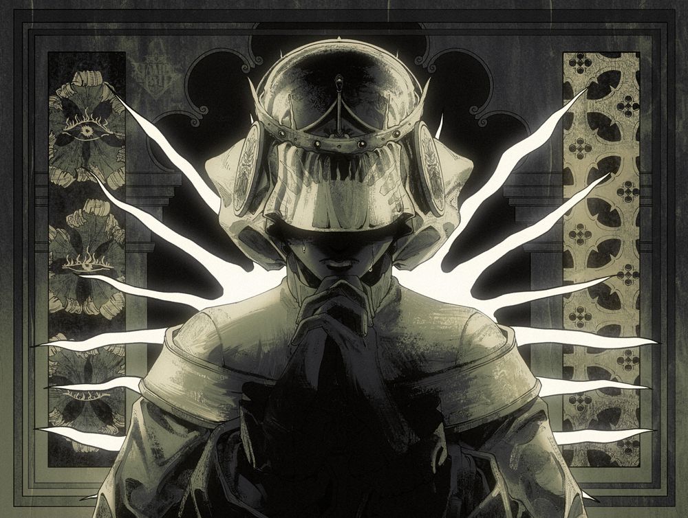 An off-white grayscale illustration. A person whose face is covered has their hands folded in prayer. Behind him is a rough-looking sun and two panels, one with dead flowers with eyes at the center and one with a metal pattern. The background has temple arches.