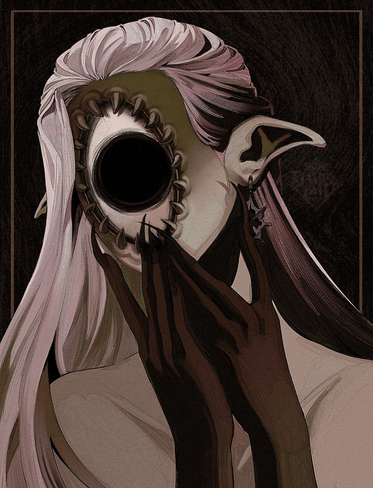 A portrait illustration of an elf with gray-green skin and long pink hair who has one massive eye for a face. The eye is staring at the viewer and his hands, which are black with long claw nails, are holding his face.